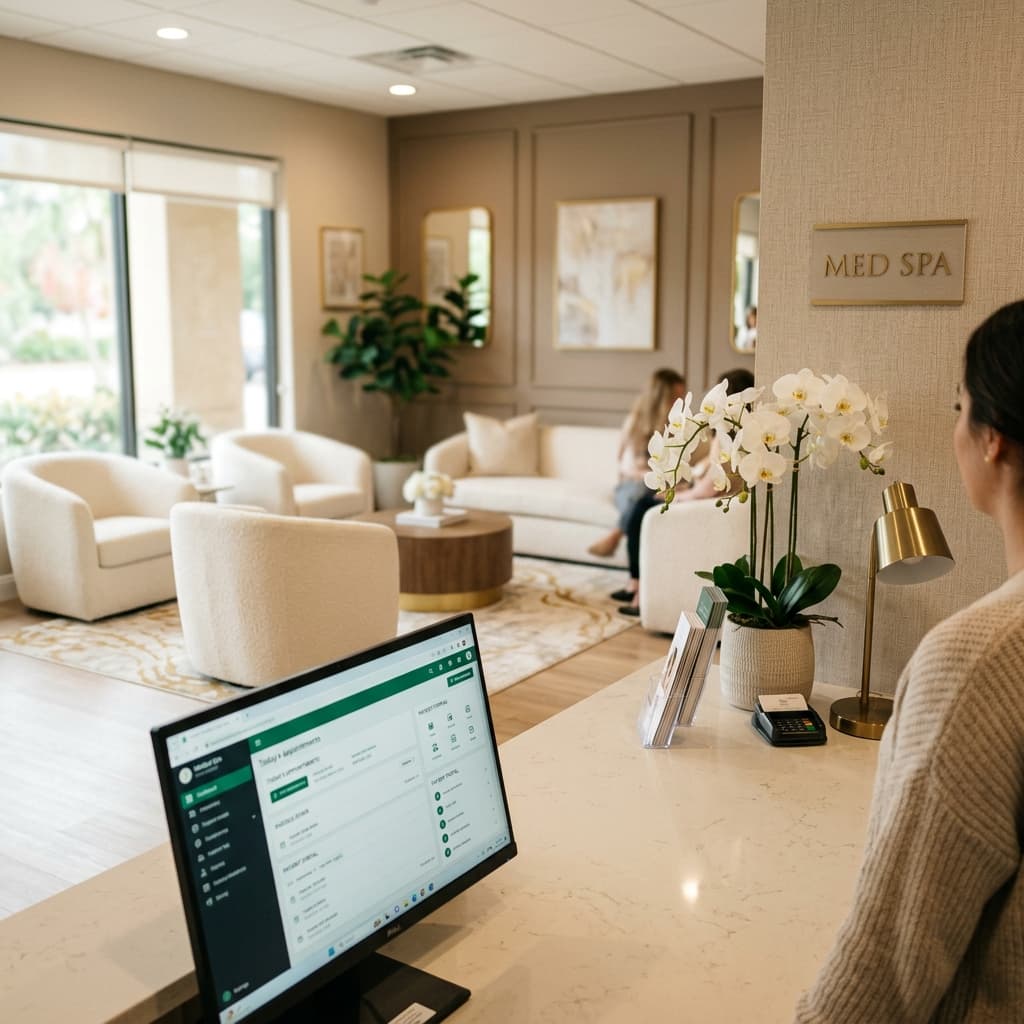 Premium med spa front desk with warm lighting and organized reception area