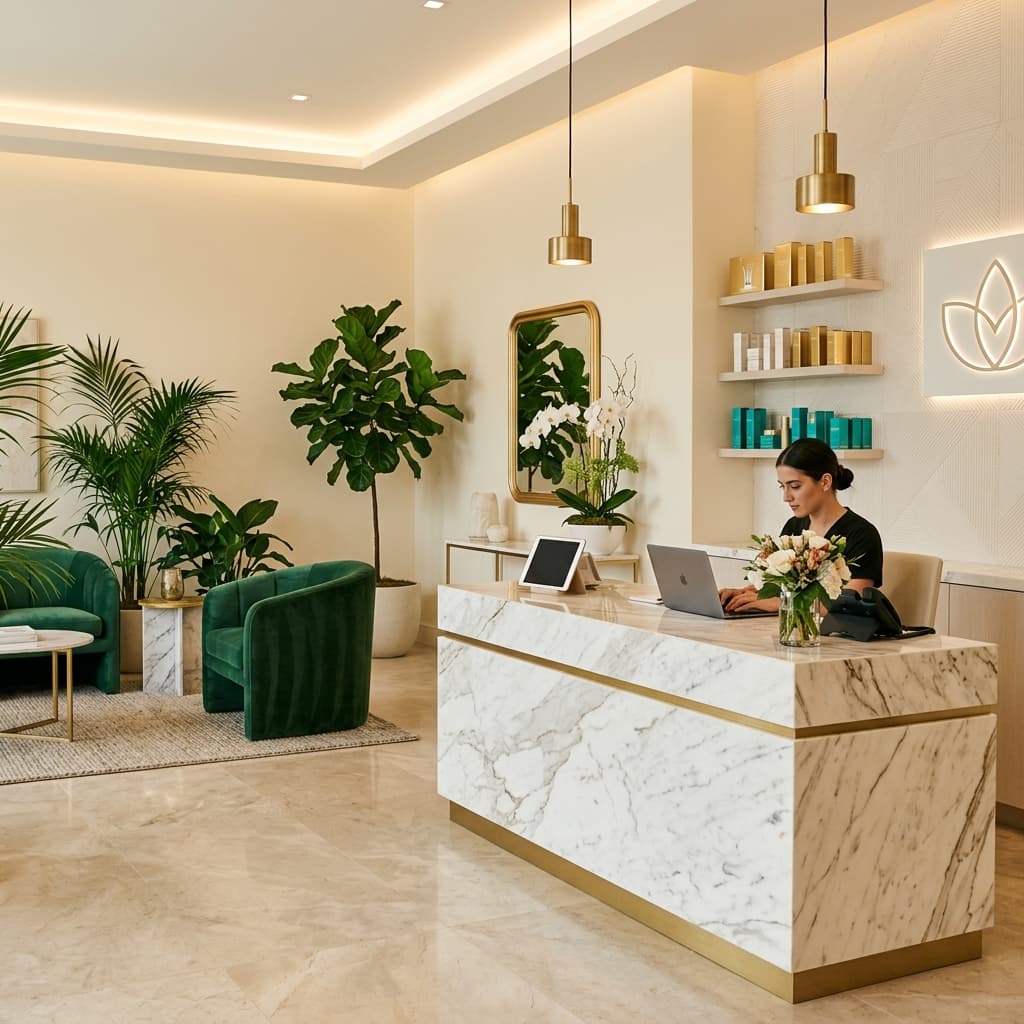 Med spa front desk reception area with staff assisting patients